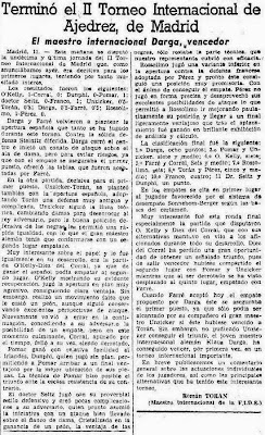 Crónica de Román Torán sobre el II Torneo Internacional de Ajedrez Madrid 1957 en La Vanguardia