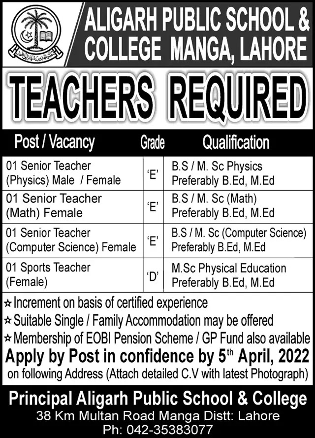 Aligarh Public School and College Lahore Jobs 2022 for Teachers