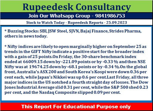 Stock to Watch Today - Rupeedesk Reports - 25.09.2023