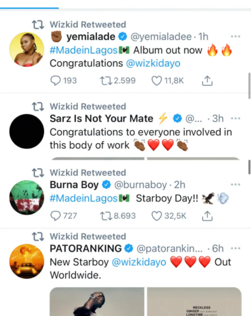 Starboy Wizkid snubs Davido’s tweet, acknowledges Burna Boy, Yemi Alade, among others