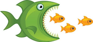 Cartoon of a hungry fish with teeth chasing three smaller fish