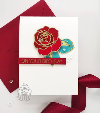 Altenew Layered rose die card, CAS card, Maroon and gold, Beautiful Birthday card, Quillish