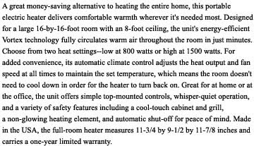 Vornado EH1-0034-06 AVH2 Vortex Full-Room Electric Heater Description Images