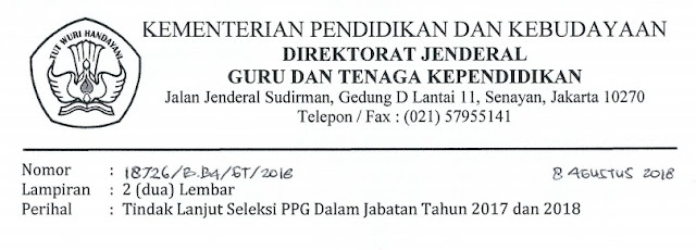 Surat Dirjen GTK Tentang Tindak Lanjut Seleksi PPG Dalam Jabatan Tahun  Tindak Lanjut Seleksi PPG Dalam Jabatan Tahun 2017 dan 2018