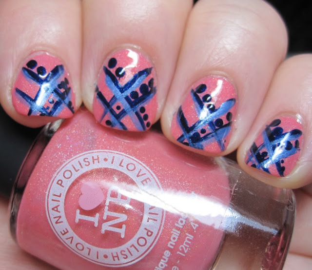 I Love Nail Polish in Grande Sunset with blue crosshatch and dots