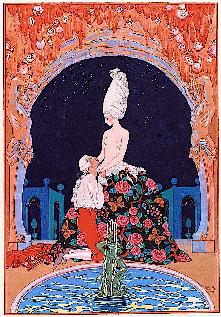 a George Barbier 1928 Illustration, lovers at a fountain