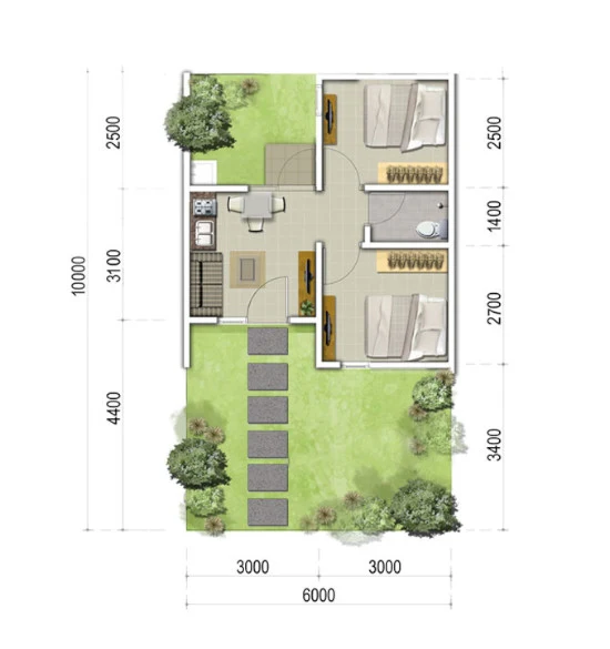 Lingkar Warna 4 Denah Rumah Minimalis Ukuran 6x10 Meter 2 Kamar Tidur 1 Lantai Tampak Depan