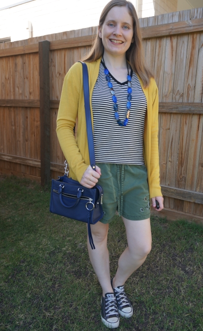 spring cardigan and shorts outfit with striped tee converse mustard olive and navy accessories | awayfromblue