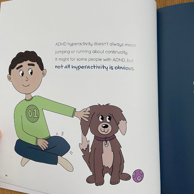 Inside page of ADHD and me! showing illustration of boy patting a dog, with text