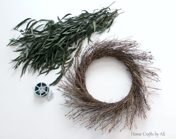 Starburst twig wreath base and other supplies for easy greenery wreath