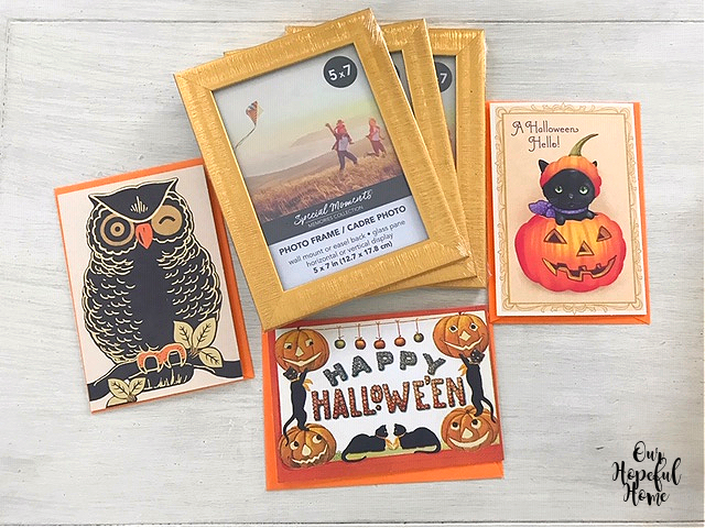 owl greeting card Happy Halloween card black cat Halloween card gold frames