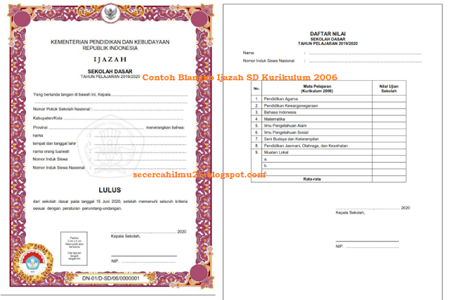 contoh Blangko Ijazah SD Kurikulum 2006  