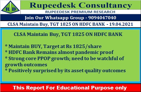 CLSA Maintain Buy, TGT 1825 ON HDFC BANK - Rupeedesk Reports