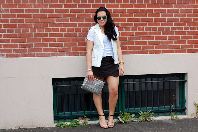 White Stylestalker vest, Zara skort, Zara shirt, Ela Handbags clutch, Alexis Bittar bangle, Chanel bangle and block heel sandals.