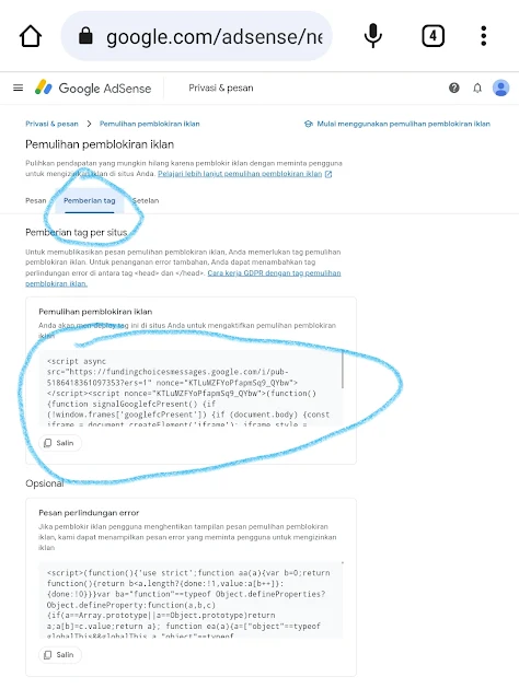 Gambar Pasang Kode Pemulihan Iklan Adsense