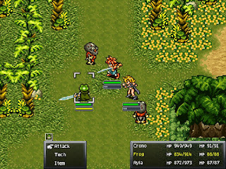 The party battles enemies in the Great Southern Swamp, an area in the Lost Sanctum of Chrono Trigger.