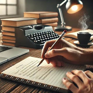 A professional and tidy workspace for proofreading. A notebook with lined pages is open on a wooden desk, and a pencil is poised in a hand, ready to write.
