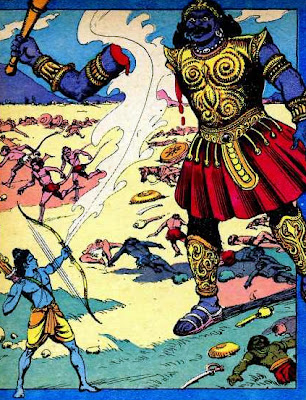 Kumbhakharna's right arm severed by Rama's shaft