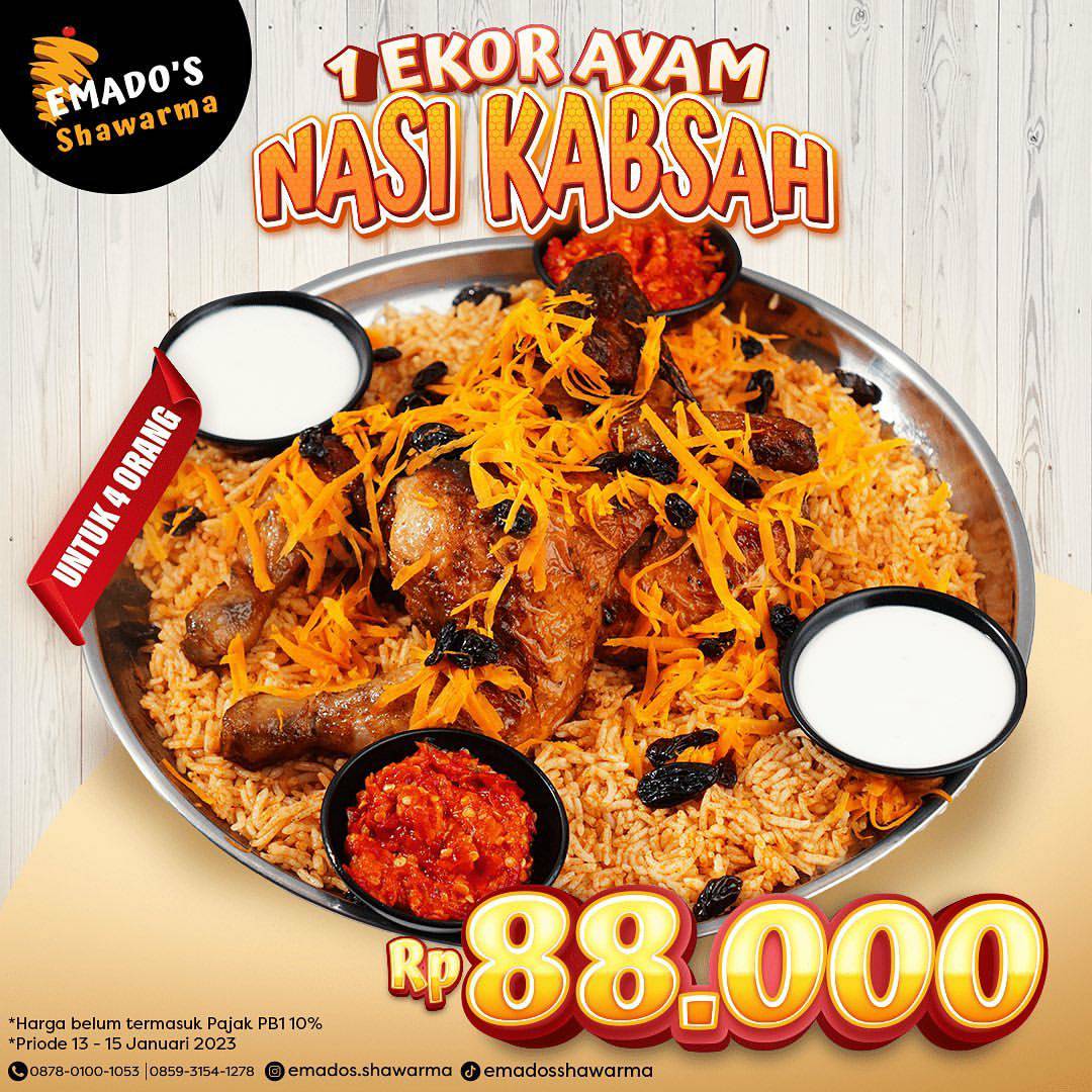 Promo Emado’s Shawarma 1 Ekor Ayam Nasi Kabsah harga Hanya 88RB