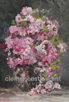 Cascading roses, 7 x 5 oil painting by Clemence St. Laurent - pink roses in a vase