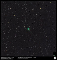 Kometa sfotografowana zdalnie 11.04.2020 r. z Australii. Astrograf 0,1 m f/6,3 + kamera CCD; eksp. 3x120 sek. Średnica komy 8', długość warkocza 25', kąt (PA) 220 st. Credit: Ernesto Guido, Marco Rocchetto, Adriano Valvasori.