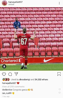 Harvey Elliott Pays Tribute To His Grandfather after first Liverpool goal