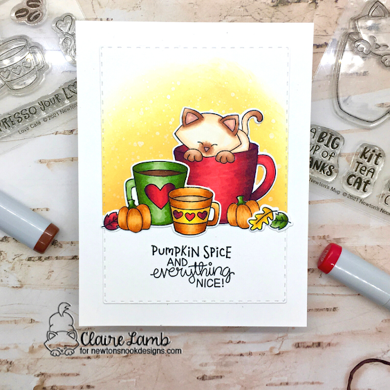 Pumpkin spice and everything nice by Claire features Newton's Mug, Love Cafe', Pumpkin Latte, and Frames & Flags by Newton's Nook Designs; #inkypaws, #newtonsnook, #coffeelovers, #coffeecards, #catcards, #autumncards, #fallcards, #cardmaking