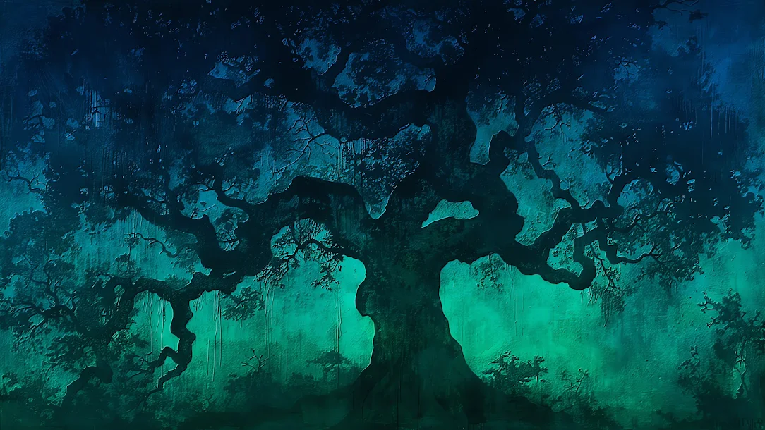 Papel de parede PC Mystical and atmospheric digital painting of an ancient tree with intricate branches against a textured teal and navy blue background, evoking a sense of magic and deep forest enchantment.