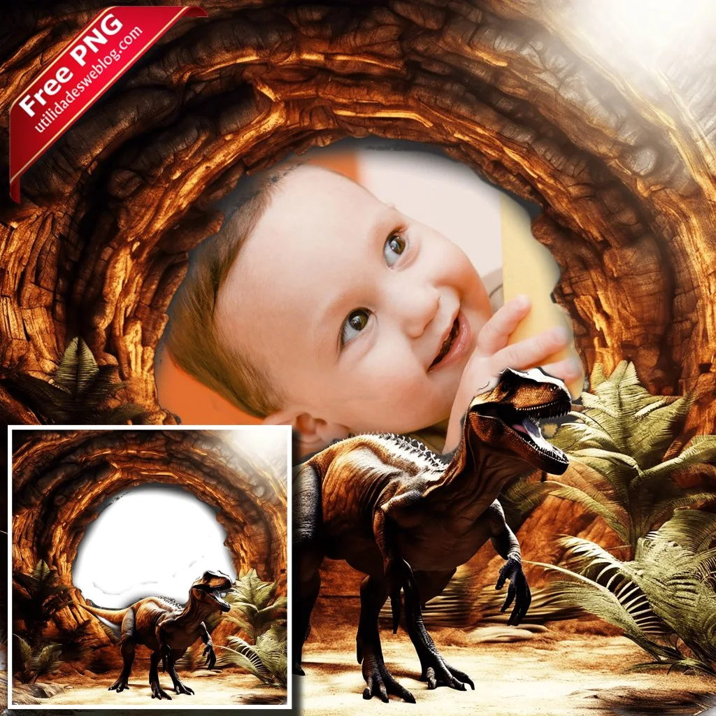 marco para fotos con dinosaurios con apariencia realista en png con fondo transparente para descargar gratis