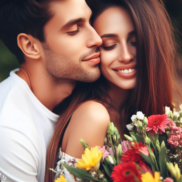 A boyfriend and girlfriend in a loving embrace with flowers