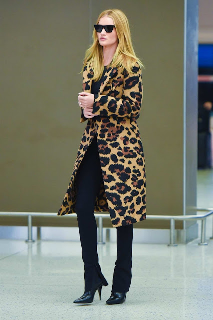 Rosie Huntington-Whiteley in Animal Print Coat Travel Style at JFK Airport