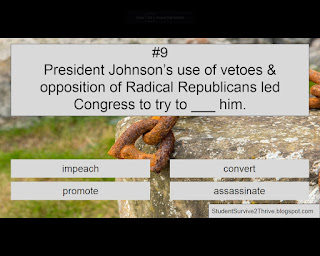 President Johnson’s use of vetoes & opposition of Radical Republicans led Congress to try to ___ him. Answer choices include: impeach, convert, promote, assassinate