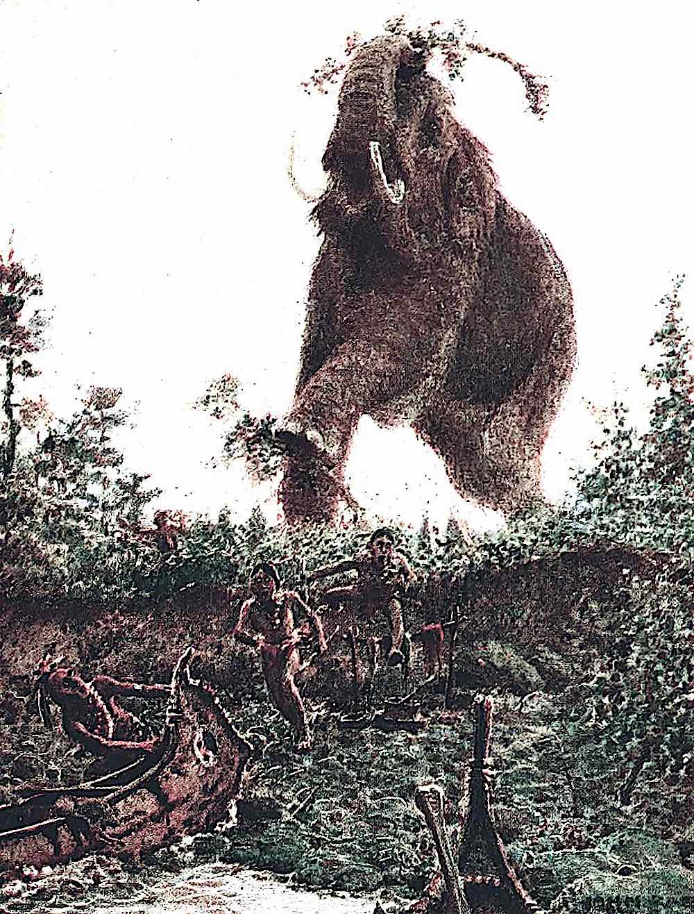 a John Rae illustration of prehistoric men fleeing an angry wooly mammoth