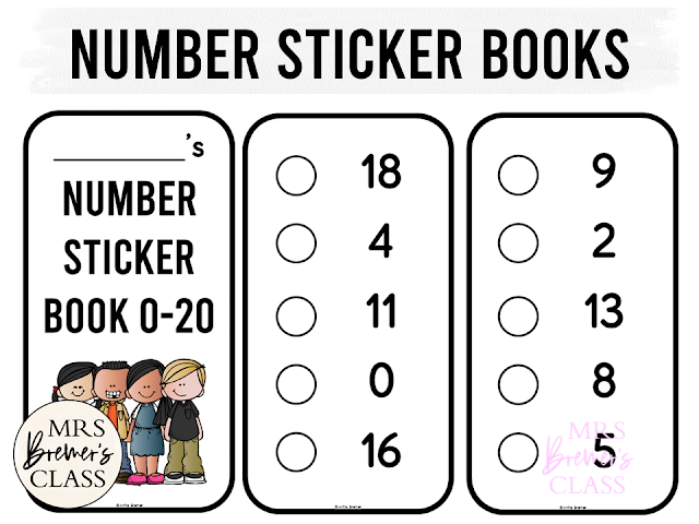 Math number recognition sticker books for math learning assessment in Kindergarten