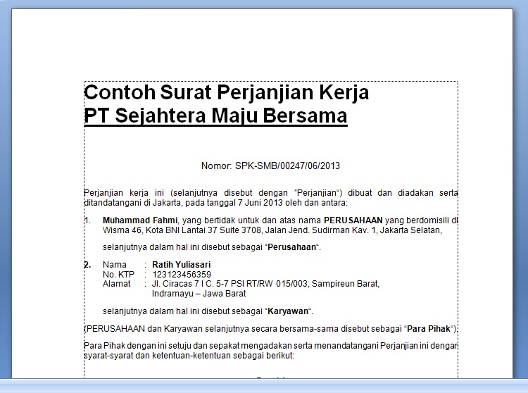 [.doc] CONTOH SURAT PERJANJIAN KERJA (KONTRAK KERJA 