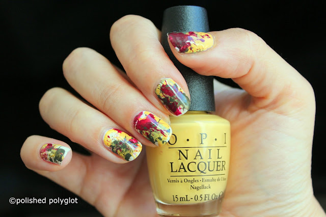 Red, yellow & green Splatter Nail design with OPI Washington collection