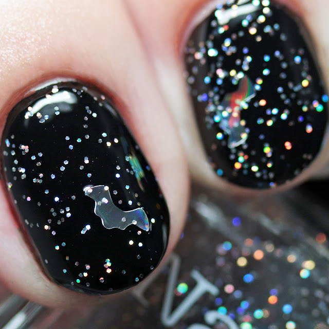 Nail Hoot Indie Lacquers Attack of the Holographic Bats over Basic Black