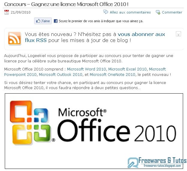 Concours : une licence Microsoft Office 2010 à gagner (chez Logeekiel)