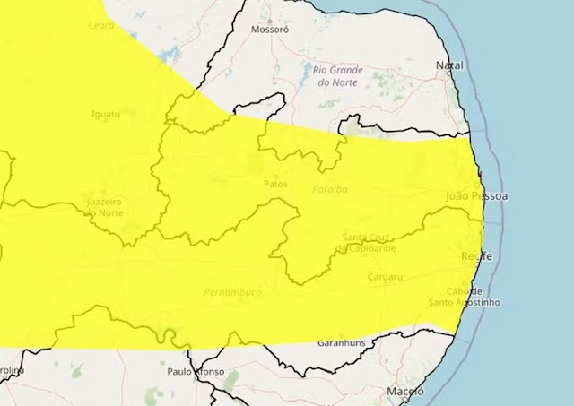 Inmet emite alerta de perigo potencial de chuvas intensas para João Pessoa, Campina Grande e outras 216 cidades da PB
