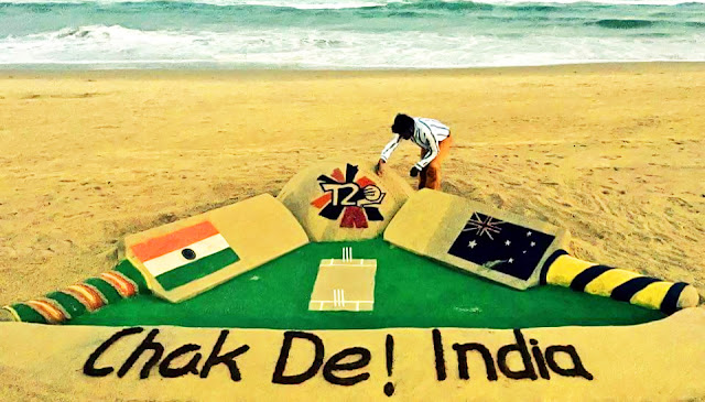 India vs Australia (T20 Cricket World Cup 2016 Semi Final, 27/03/3016) - Chak De! India Sand Art by Sudarsan Pattnaik at Puri Sea Beach.