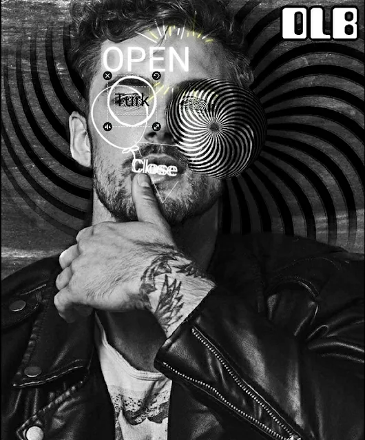 Black and white digital art of handsome man wearing black leather biker jacket with spirals around his head and circles over forehead with the words 'open', 'close' over mouth and Turk over eye holding hand at mouth