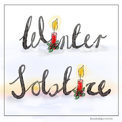 Winter solstice illustraiton with the i letters in the word as candles and a sunrise as the o.