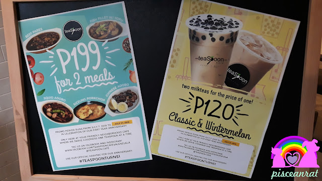 Choose from any 2 meals (comes with rice)- Beef pares, Fish fillet with tofu, Squid adobo, Sizzling porkchop, Chinese adobo, for just Php 199. Avail 2 milk teas for the price of one (Classic and Wintermelon), only Php 120.