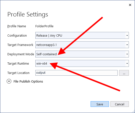 Perfil de publicación estableciendo el deployment mode a self-contained y el target runtime a win-x64