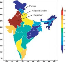 The map, showing groundwater withdrawals as a percentage of groundwater recharge