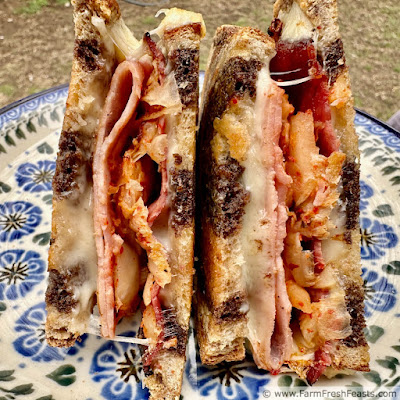 image of two triangular halves of Kimchi Reuben Sandwich standing on edge on a Polish pottery plate