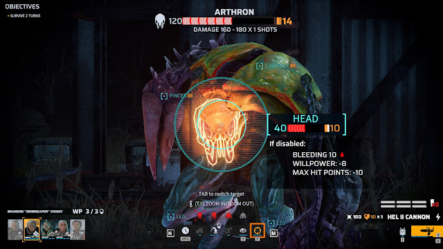 In the image is a Pandoran called an Antron with 120 health. The targeting system is aimed at its head with the inner circle covering most of the target and the outer circle most of its body. Its head has 40 health and 10 armour and beneath that is the text "If disabled: BLEEDING 10 (symbol of a red blood droplet), WILLPOWER: -8, MAX HIT POINTS: -10.