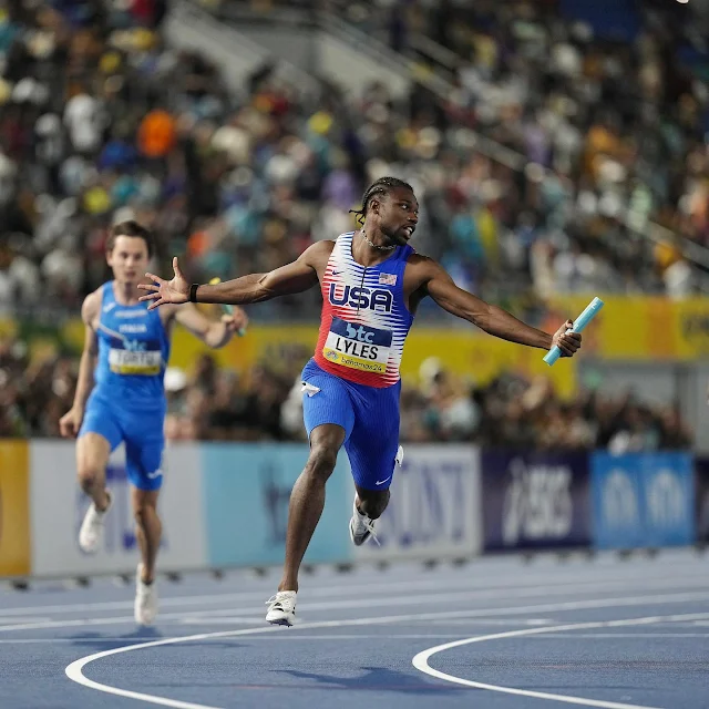 worldathletics และ usatf •Nassau Bahamas 6 พฤษภาคม 2024. USA on top again 😤 @nojo18 anchors the men’s 4x100m relay team to victory at the #WorldRelays.