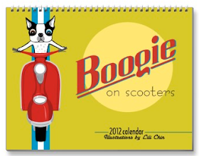 Boogie on Scooters 21012 Calendar with drawings of Boston Terrier dog named Boogie