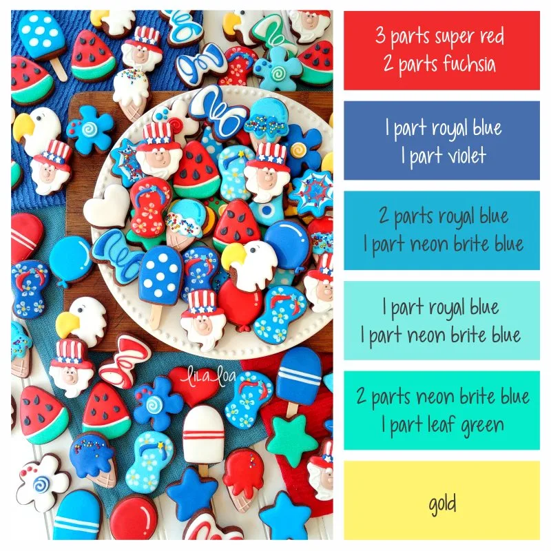 Brightly colored 4th of July chocolate sugar cookies and frosting/icing color formulas for red, blue, and Statue of Liberty green